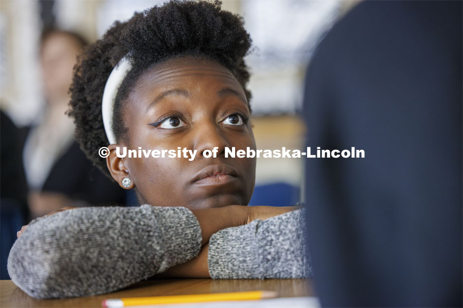 Tori Thomas, a senior secondary education major student teaches in a social studies class at Lincoln Northeast high school. April 16, 2024. Photo by Craig Chandler / University Communication and Marketing.