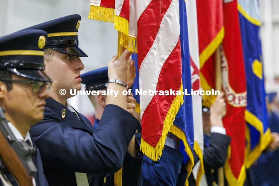 Joint Service Chancellor’s Review of the ROTC Cadets in Cook Pavilion. April 18, 2024. Photo by Craig Chandler / University Communication and Marketing.