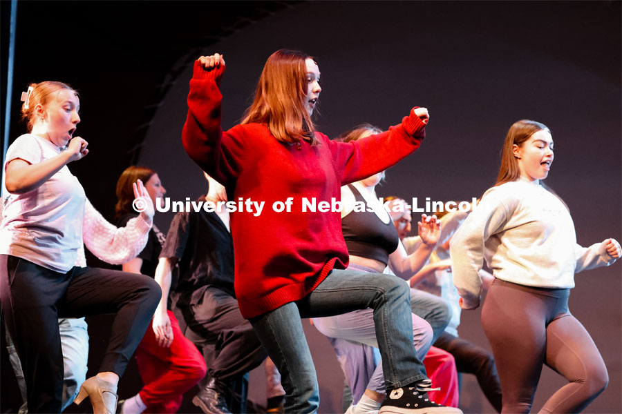 Ensemble practicing the opening number during tech week for UNL’s production of “Big Fish”. April 22, 2024. Photo by Taryn Hamill for University Communication and Marketing.