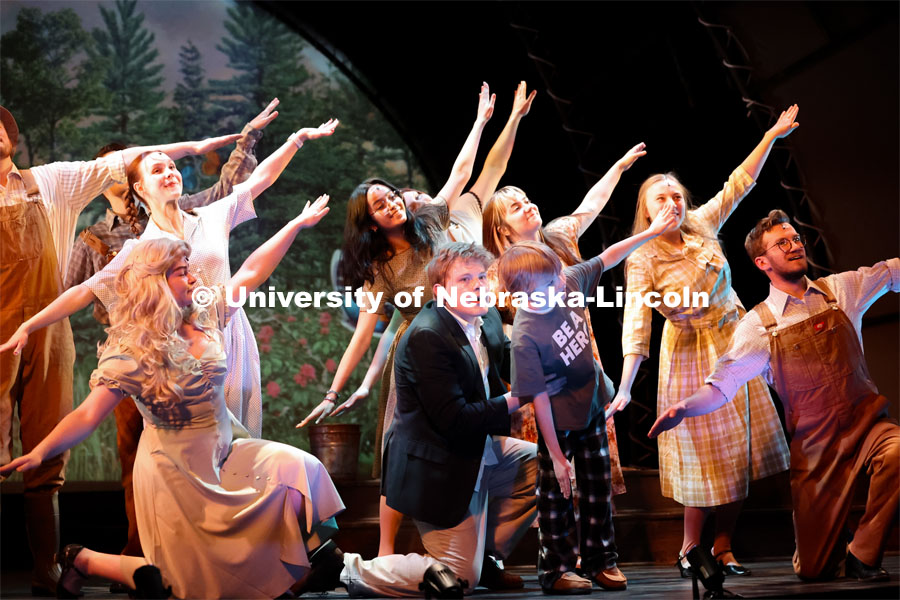 Nate Petsche leading opening number with ensemble in UNL’s production of “Big Fish”. April 22, 2024. Photo by Taryn Hamill for University Communication and Marketing.