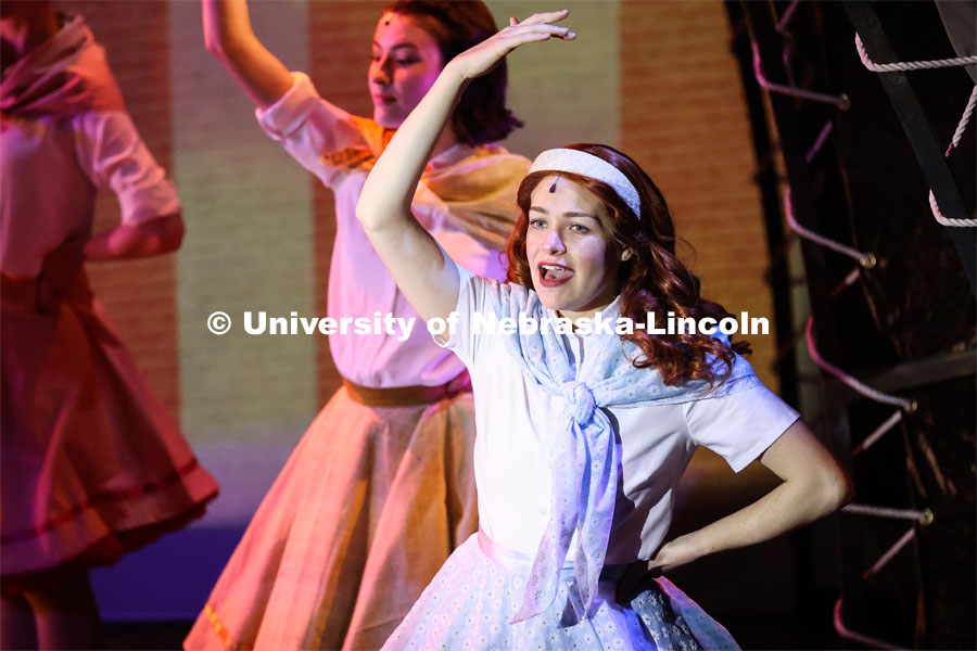 Jacquelyn vonAschwege, Alura Long and Faith Polivanov perform in UNL’s production of “Big Fish”. April 23, 2024. Photo by Taryn Hamill for University Communication and Marketing.