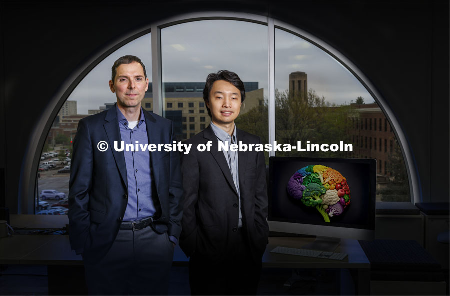Professor Aron Barbey and graduate student Jisheng Wu are photographed in the Center for Brain, Biology and Behavior, and have published research on nutrition and the brain. April 26, 2024. Photo by Craig Chandler / University Communication and Marketing.