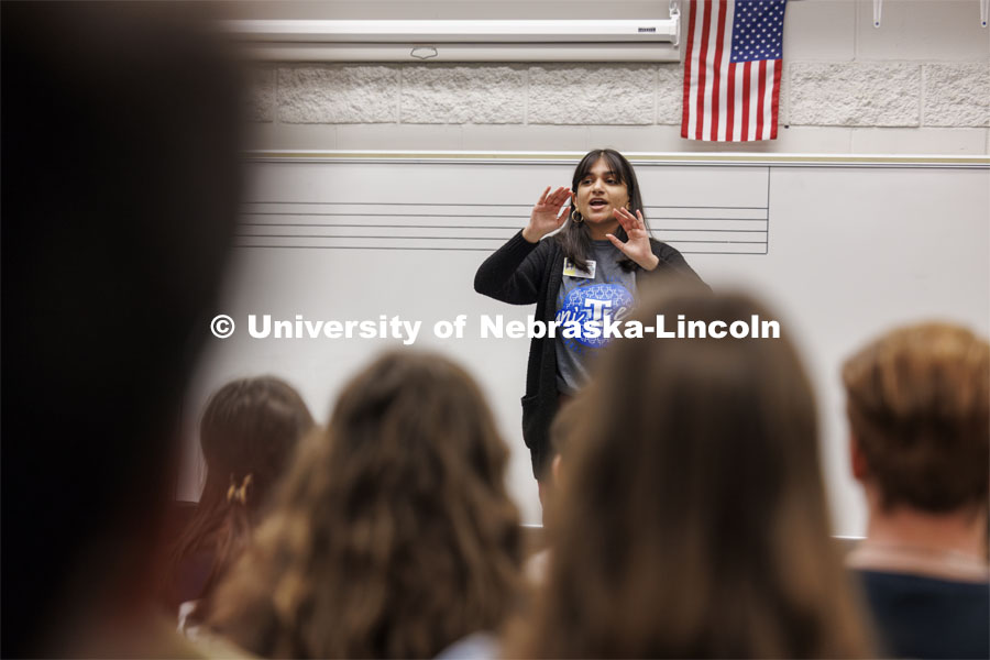 Ananya Amarnath, a May 2024 music education graduate, conducts the Papillion-Lavista South choir as they prepare for their spring performances. April 30, 2024. Photo by Craig Chandler / University Communication and Marketing.
