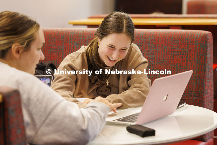 Ava Rhode, right, and Keeley Williams study in Manter Hall Wednesday morning for an anatomy test. City Campus. May 1, 2024. Photo by Craig Chandler / University Communication and Marketing.