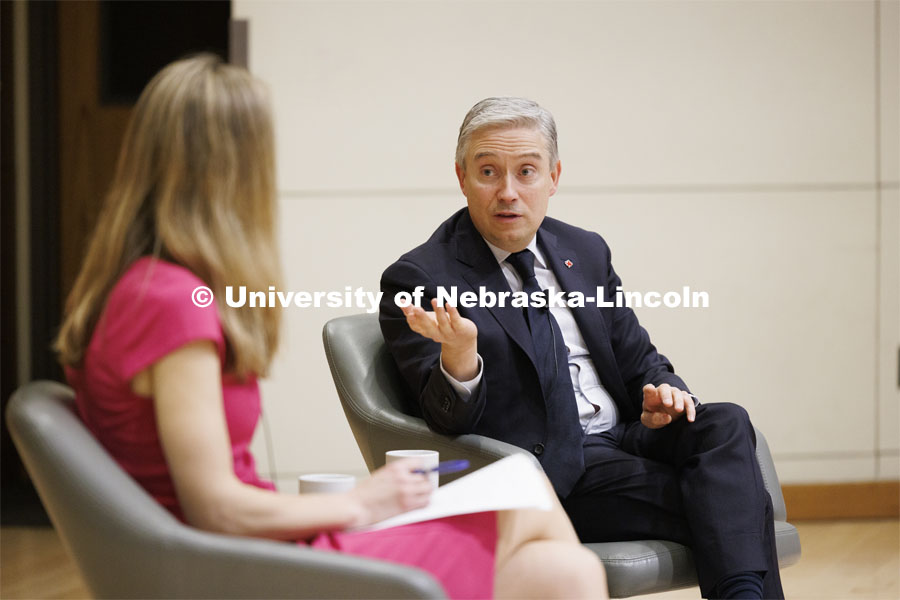 François-Philippe Champagne, Canada’s minister of innovation, science and industry, speaks with Jill O'Donnell, director of the Yeutter Institute, during a May 3 event at Swanson Auditorium. As the U.S. looks to strengthen supply chain resiliency, it makes sense to look to Canada, he said. May 3, 2024. Photo by Craig Chandler / University Communication and Marketing.