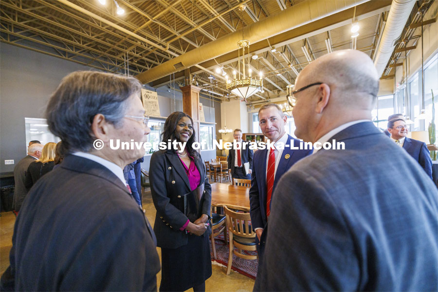 USDA Under Secretary Chavonda Jacobs-Young and Interim President Chris Kabourek talk with USDA ARS Administrator Simon Liu and University of Nebraska Vice President for Ag and Natural Resources Mike Boehm before the ceremony. The U.S. Department of Agriculture's (USDA's) Agricultural Research Service (ARS), the University of Nebraska–Lincoln (UNL), and Nebraska Innovation Campus held a groundbreaking ceremony today to launch the construction of the National Center for Resilient and Regenerative Precision Agriculture. May 6, 2024. Photo by Craig Chandler / University Communication and Marketing.