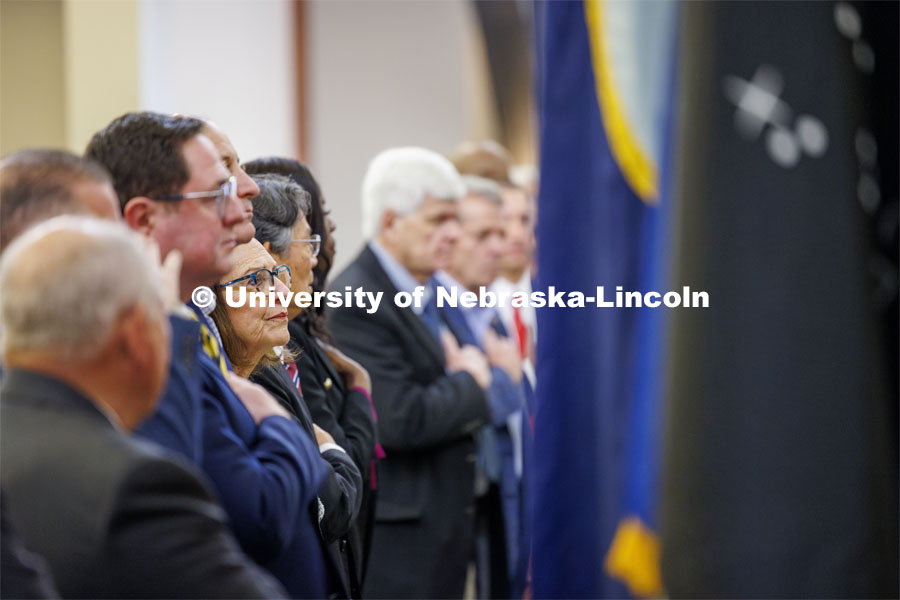 Dignitaries including Senator Deb Fischer listen to the National Anthem. The U.S. Department of Agriculture's (USDA's) Agricultural Research Service (ARS), the University of Nebraska–Lincoln (UNL), and Nebraska Innovation Campus held a groundbreaking ceremony today to launch the construction of the National Center for Resilient and Regenerative Precision Agriculture. May 6, 2024. Photo by Craig Chandler / University Communication and Marketing.