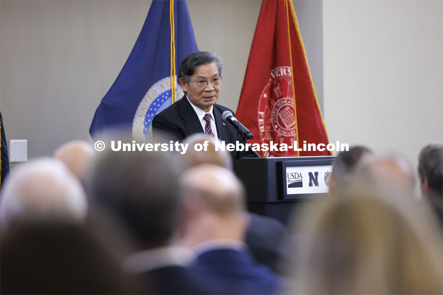 USDA ARS Administrator Simon Liu speaks to the crowd. The U.S. Department of Agriculture's (USDA's) Agricultural Research Service (ARS), the University of Nebraska–Lincoln (UNL), and Nebraska Innovation Campus held a groundbreaking ceremony today to launch the construction of the National Center for Resilient and Regenerative Precision Agriculture. May 6, 2024. Photo by Craig Chandler / University Communication and Marketing.