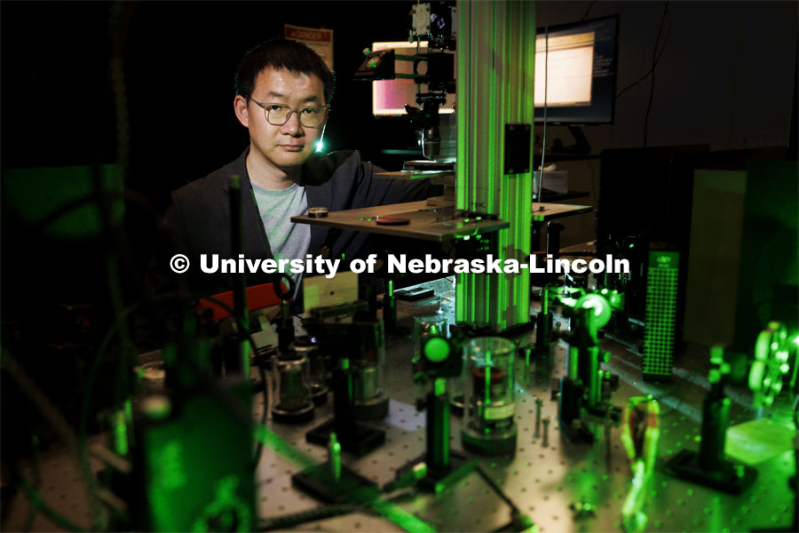Yinsheng Guo, assistant professor of chemistry, has received a National Science Foundation CAREER award for his research into metal halide perovskites. May 9, 2024. Photo by Craig Chandler / University Communication and Marketing.