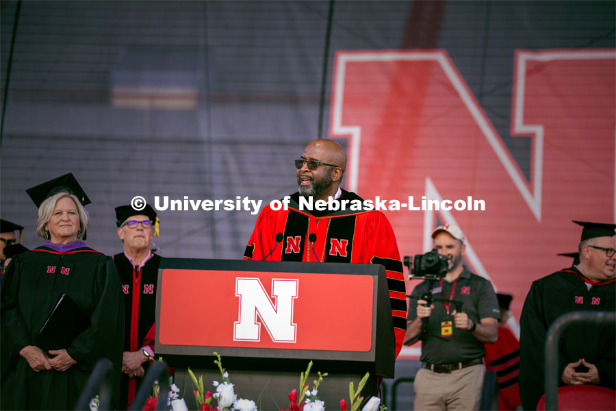 Chancellor Rodney D. Bennett welcomes everyone at the Spring 2024 commencement. Undergraduate Commencement in Memorial Stadium. May 18, 2024. Photo by Kristen Labadie / University Communication.
