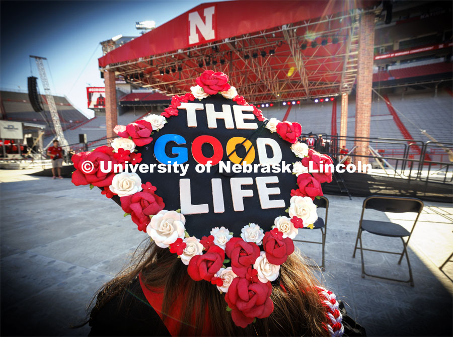 Emma Mirnic’s mortar board reads, The Good Life. Undergraduate Commencement in Memorial Stadium. May 18, 2024. Photo by Craig Chandler / University Communication and Marketing.