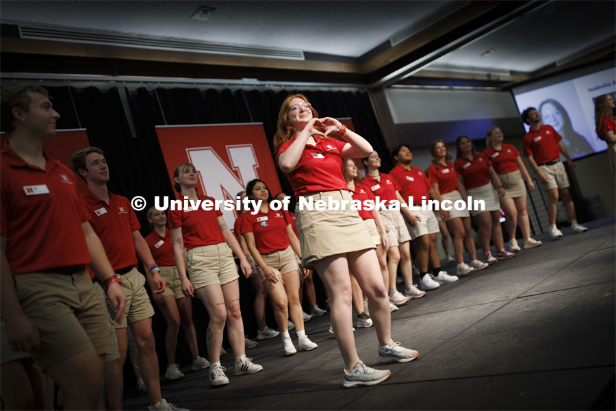 Isabelle Droste is introduced as the NSE Orientation Leaders do their welcome and closing sessions to the summer academic advisors attending a luncheon. New Student Enrollment. May 23, 2024. Photo by Craig Chandler / University Communication and Marketing.