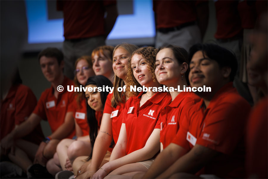 Josie Golka listens as fellow orientation leaders are introduced. The NSE Orientation Leaders performed their welcome and closing sessions to the summer academic advisors attending a luncheon. New Student Enrollment. May 23, 2024. Photo by Craig Chandler / University Communication and Marketing.