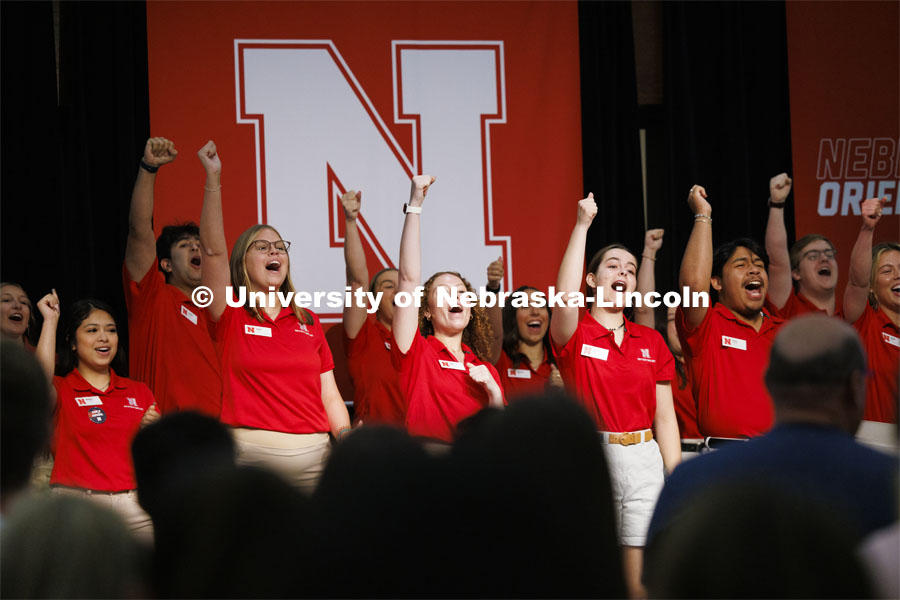The NSE Orientation Leaders yell “Go Big Red” at New Student Enrollment. May 29, 2024. Photo by Craig Chandler / University Communication and Marketing.
