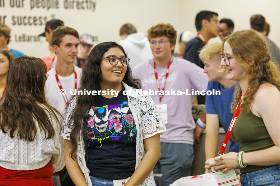 Students talk with new friends as they discuss aspects of coming to UNL. NSE New Student Enrollment. June 5, 2024. Photo by Craig Chandler / University Communication and Marketing.