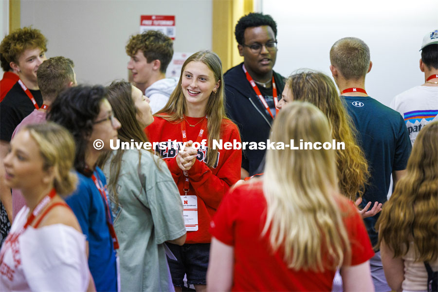 Students talk with new friends as they discuss aspects of coming to UNL. NSE New Student Enrollment. June 5, 2024. Photo by Craig Chandler / University Communication and Marketing.