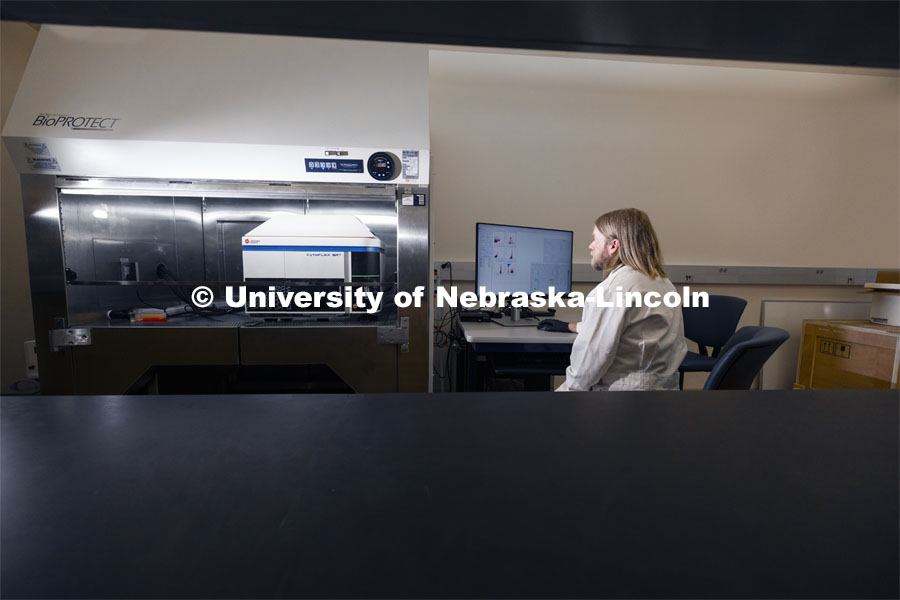 Flow Cytometry Service Center Manager Dirk Anderson works in the Flow Cytometry lab in the Morrison Center. Nebraska Center for Biotechnology. June 13, 2024. Photo by Craig Chandler / University Communication and Marketing.