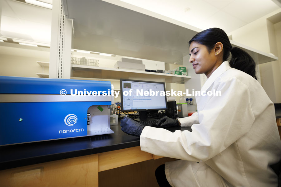 Sushmita Kumari, a graduate student in Integrative Biomedical Science, loads a sample into a machine in the Flow Cytometry lab in the Morrison Center. June 13, 2024. Photo by Craig Chandler / University Communication and Marketing