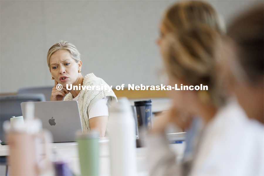 Jillian Harpster, Assistant Professor of Practice with the College of Education and Human Sciences, leads the discussion in the Nebraska Writing Project, an initiative of the English Department that serves local schools and communities. June 19, 2024. Photo by Craig Chandler / University Communication and Marketing.