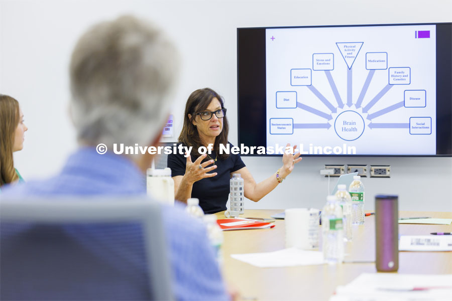 Judy Harvey discusses the many facets of brain health during a memory workshop at the Barkley Speech-Language and Hearing Clinic. Memory workshop taught by Judy Harvey, Associate Professor of Practice, Special Education and Communication Disorders. June 26, 2024. Photo by Craig Chandler / University Communication and Marketing.