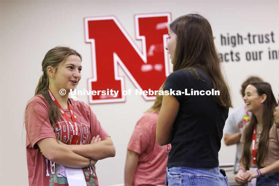 NSE student groups meet in a Hawks Hall classroom. Final day of 2024 New Student Enrollment. Campus tour in Hawks Hall College of Business. July 11, 2024. Photo by Craig Chandler / University Communication and Marketing.