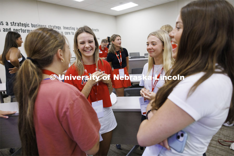 NSE student groups meet in a Hawks Hall classroom. Final day of 2024 New Student Enrollment. Campus tour in Hawks Hall College of Business. July 11, 2024. Photo by Craig Chandler / University Communication and Marketing.