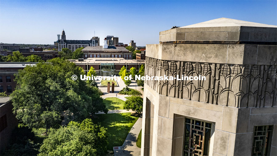 High angle view of the Mueller Bell Tower and Love Library on City Campus. July 17, 2024. Photo by Craig Chandler / University Communication and Marketing.