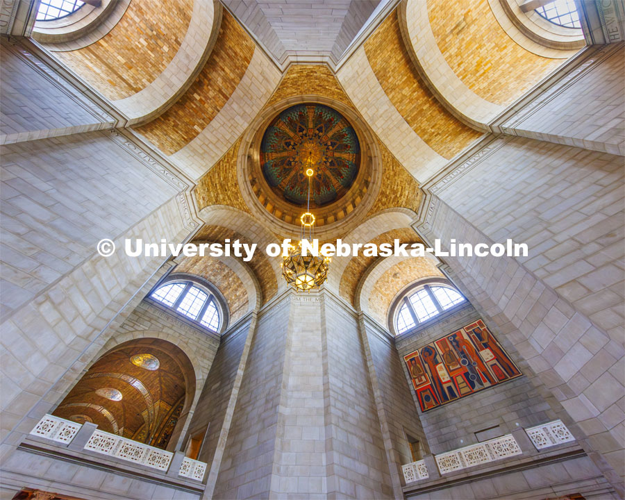 Looking upwards inside Nebraska State Capitol rotunda. July 29, 2024. Photo by Craig Chandler / University Communication and Marketing.