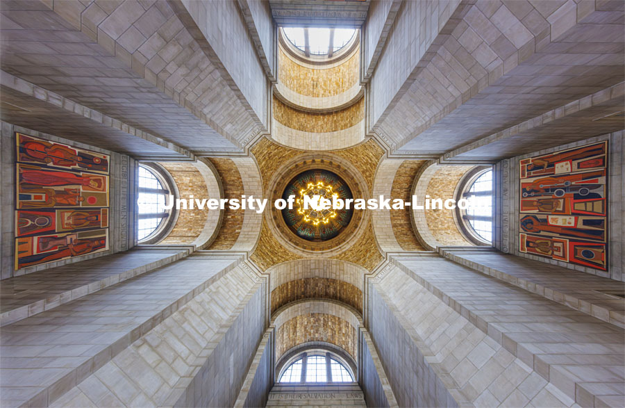 Looking upwards inside Nebraska State Capitol rotunda. July 29, 2024. Photo by Craig Chandler / University Communication and Marketing.