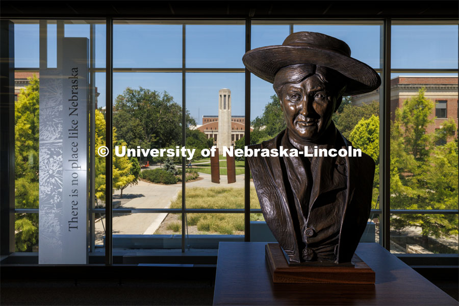 The new bust of Willa Cather was installed in Love Library North where it looks out over the Love Library North study area. The bust is a first edition casting taken from the original sculpture by Littleton Alston that resides in Statuary Hall of the United States Capitol. August 1, 2024. Photo by Craig Chandler / University Communication and Marketing.