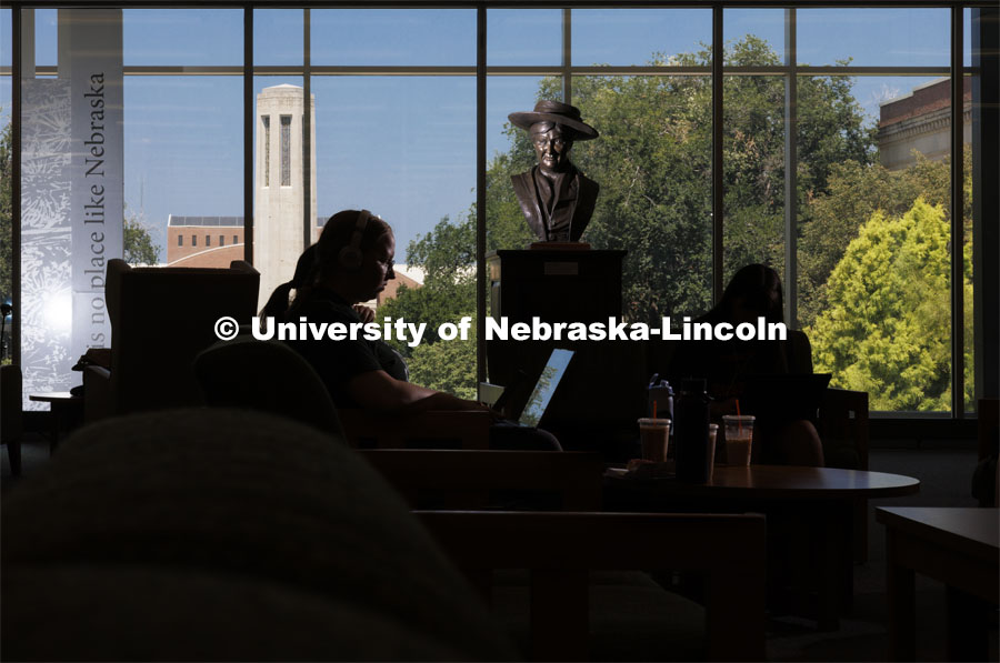 The new bust of Willa Cather was installed in Love Library North where it looks out over the Love Library North study area. The bust is a first edition casting taken from the original sculpture by Littleton Alston that resides in Statuary Hall of the United States Capitol. August 1, 2024. Photo by Craig Chandler / University Communication and Marketing.