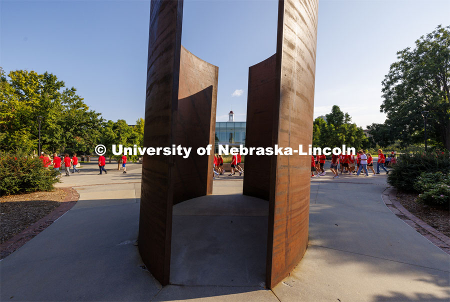 Students walk to the Chancellor’s BBQ after the Tunnel Walk in Memorial Stadium. August 23, 2024. Photo by Craig Chandler / University Communication and Marketing.