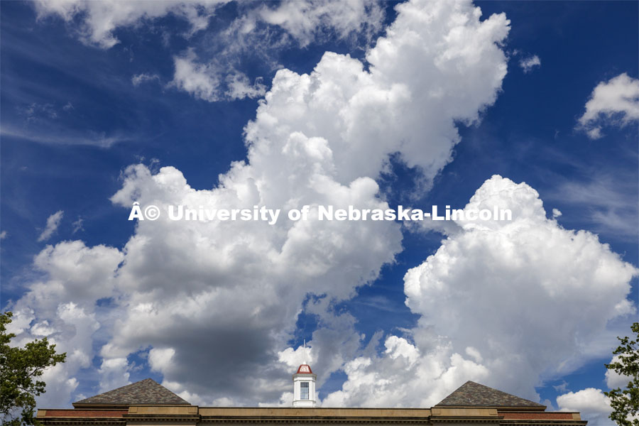 Exterior south view of Love Library on a cloudy day. City Campus. August 30, 2024. Photo by Craig Chandler / University Communication and Marketing.