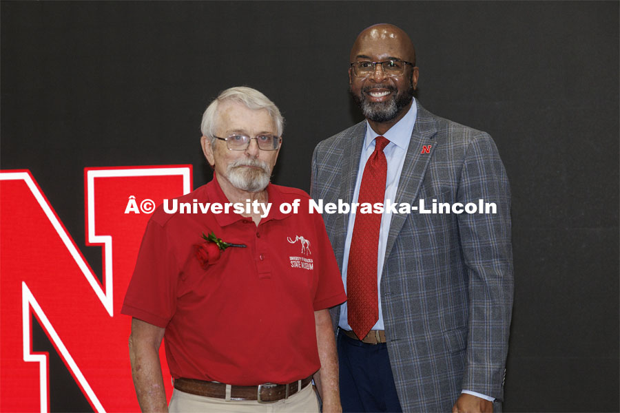 Chancellor Rodney D. Bennett poses with Richard Corner, Collections Manager and the University Museum, a 55-year award recipient. Celebration of Service in the Coliseum. Hundreds of faculty and staff attended the Celebration of Service on Sept. 6. Held annually, the ceremony honors Huskers who have reached five-year milestones in their employment with the university. September 6, 2024. Photo by Craig Chandler / University Communication and Marketing.