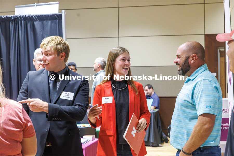 Jaylea Pope, a Junior Ag Leadership, Education and Communication student talks to a recruiter at the East Campus Career Fair. September 16, 2024. Photo by Kristen Labadie / University Communication.