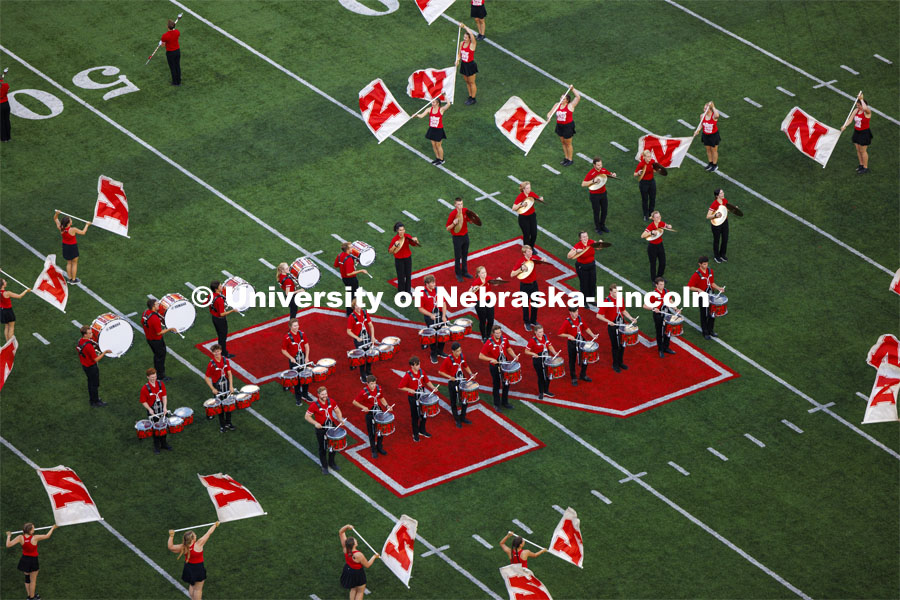 The Cornhusker Marching Band performs on the field at the Nebraska vs. Illinois football game. September 20, 2024. Photo by Craig Chandler / University Communication and Marketing.