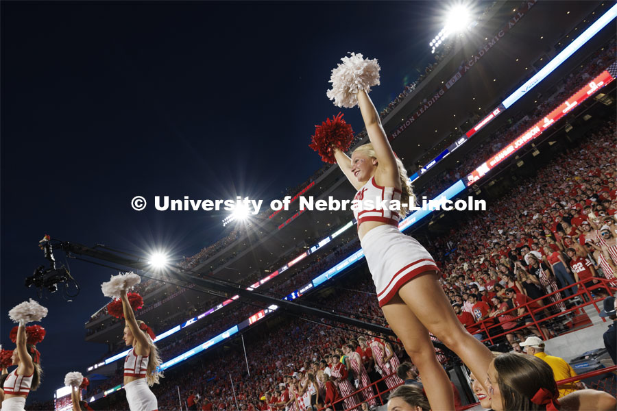 Husker cheerleaders cheer at the Nebraska vs. Illinois football game. September 20, 2024. Photo by Craig Chandler / University Communication and Marketing.