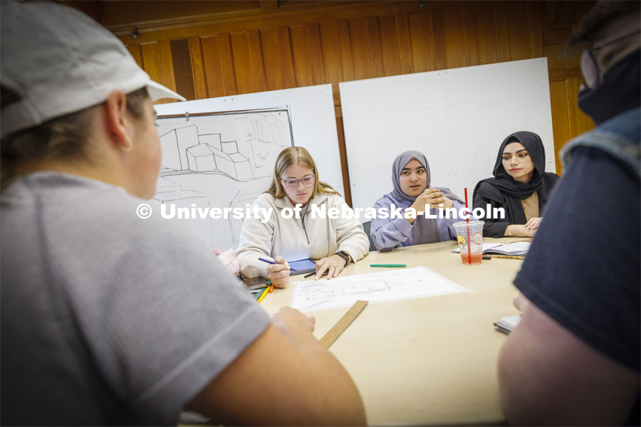 Students in DSGN 410 - Design Studio: Collaborate taught by Sonya Grace Turkman, Assistant Professor - Interior Design. Architecture photo shoot. September 25, 2024. Photo by Craig Chandler / University Communication and Marketing.