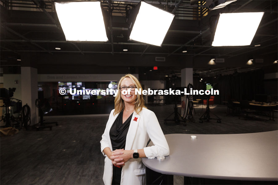 Shari Veil, Dean of College of Journalism and Mass Communication. Veil is pictured in various places inside Andersen Hall. September 26, 2024. Photo by Craig Chandler / University Communication and Marketing.