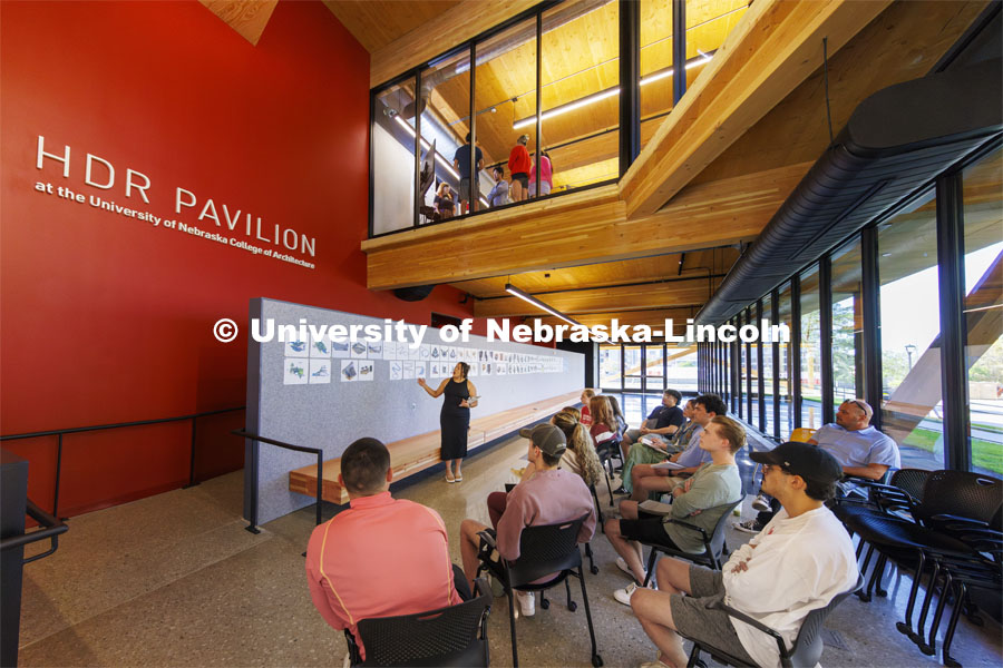 A student gives a presentation. Brian Kelly’s Architectural Representations class critiques their week’s work in the HDR Pavilion in Architecture Hall. September 27, 2024. Photo by Craig Chandler / University Communication and Marketing.