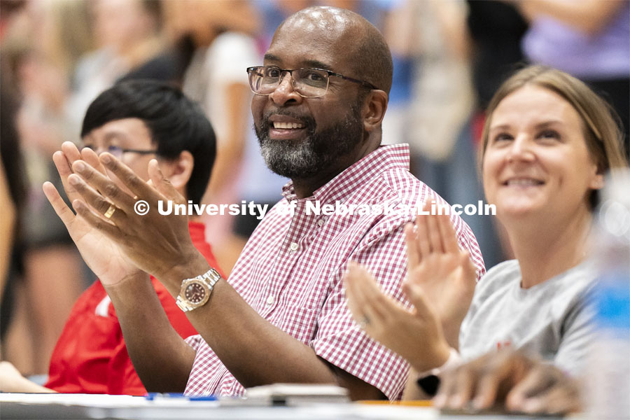 Chancellor Rodney Bennett applauds as he judges Showtime at the Coliseum. Recognized Student Organizations, Greeks and Residence Halls battle against each other with performances for Homecoming competition points and ultimate bragging rights. Homecoming 2024. September 30, 2024. Photo by Jordan Opp / University Communication.