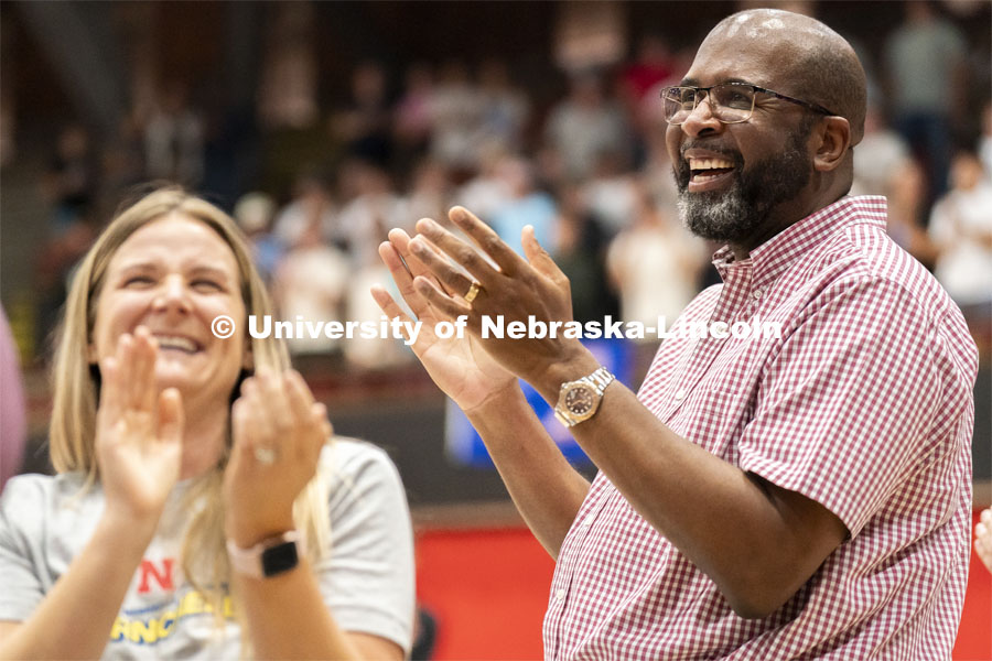 Chancellor Rodney Bennett, right, laughs as he is being introduced as a judge. Showtime at the Coliseum. Recognized Student Organizations, Greeks and Residence Halls battle against each other with performances for Homecoming competition points and ultimate bragging rights. Homecoming 2024. September 30, 2024. Photo by Jordan Opp / University Communication.