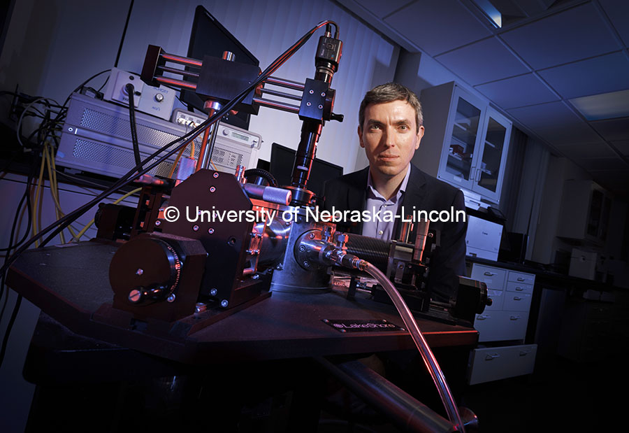 Alex Sinitskii is studying MXenes, to improve advanced electronics. Sinitskii is pictured in his Hamilton Hall Lab. October 1, 2024. Photo by Craig Chandler / University Communication and Marketing.