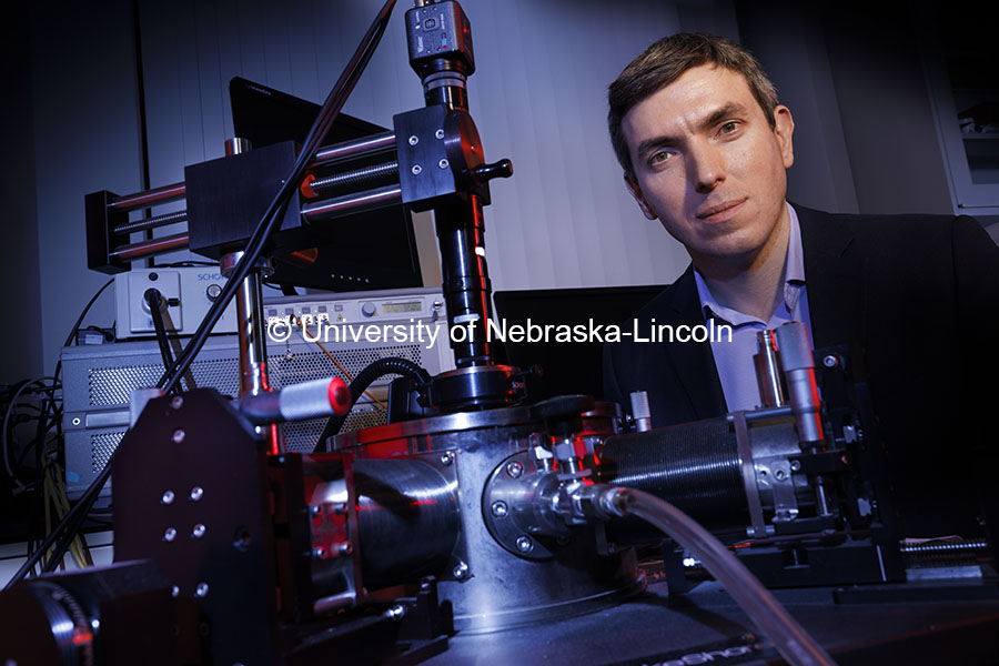 Alex Sinitskii is studying MXenes, to improve advanced electronics. Sinitskii is pictured in his Hamilton Hall Lab. October 1, 2024. Photo by Craig Chandler / University Communication and Marketing.