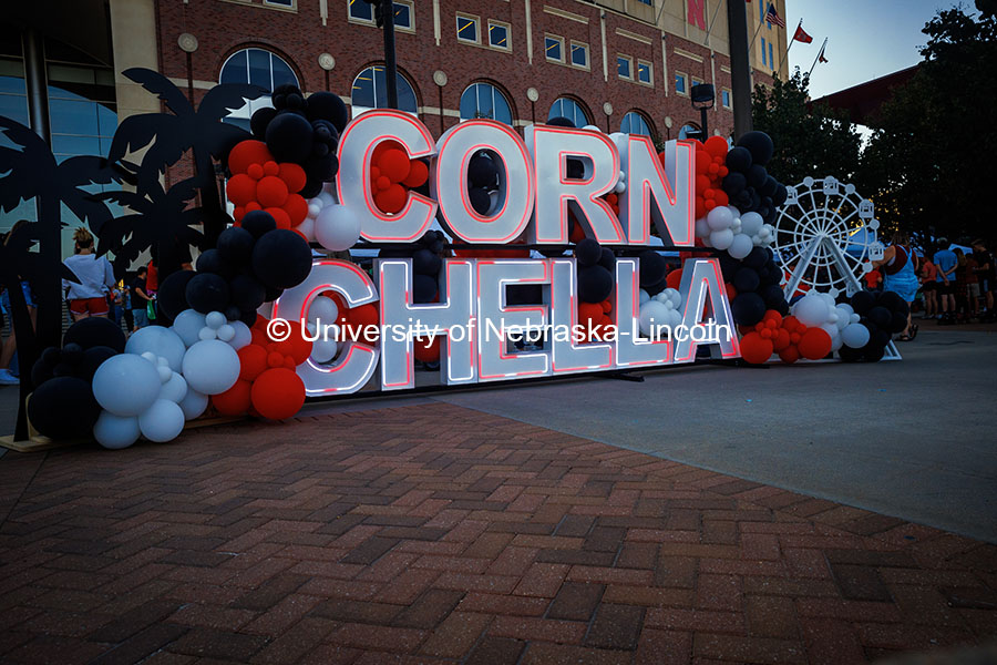 Cornchella photo sign in front of Memorial Stadium. 2024 Homecoming celebration. October 4, 2024. Photo by Kristen Labadie / University Communication.