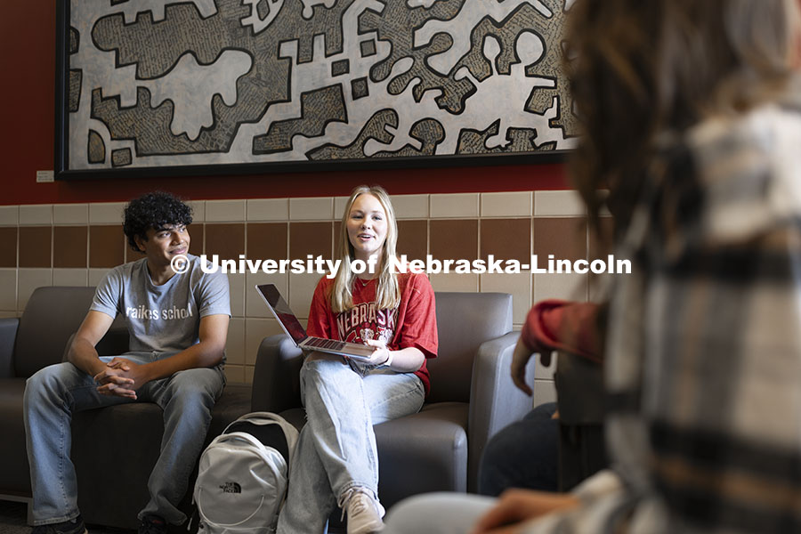 Students study inside the Raikes Schhol. Raikes School photoshoot. October 9, 2024. Photo by Craig Chandler / University Communication and Marketing.