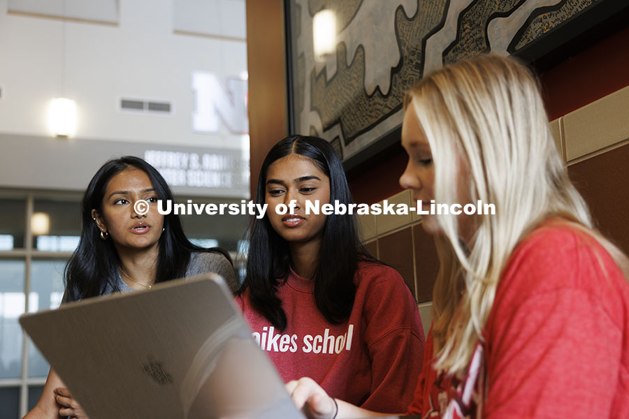 Students study inside the Raikes Schhol. Raikes School photoshoot. October 9, 2024. Photo by Craig Chandler / University Communication and Marketing.