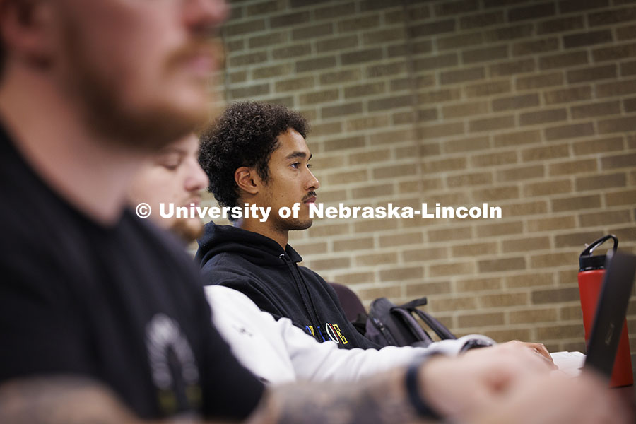 Students listening in a law college lecture hall. College of Law photoshoot. October 10, 2024. Photo by Craig Chandler / University Communication and Marketing.