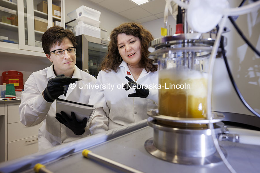 Nicole Buan, Professor in Biochemistry, and Connor Hines, graduate student in biochemistry, discuss the results of a biodigester experiment. Buan Laboratory in the Beadle Center. October 18, 2024. Photo by Craig Chandler / University Communication and Marketing.