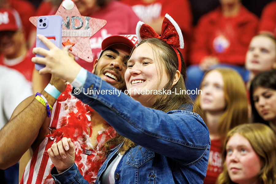 Students participate in the selfie cam in-between sets at the Nebraska vs. Illinois Volleyball game. October 25, 2024. Photo by Kristen Labadie / University Communication.